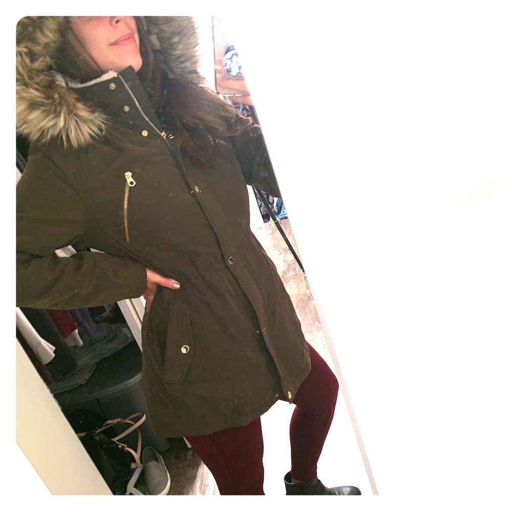 Dark Olive Green Nautica Parka - Faux Fleece Hood